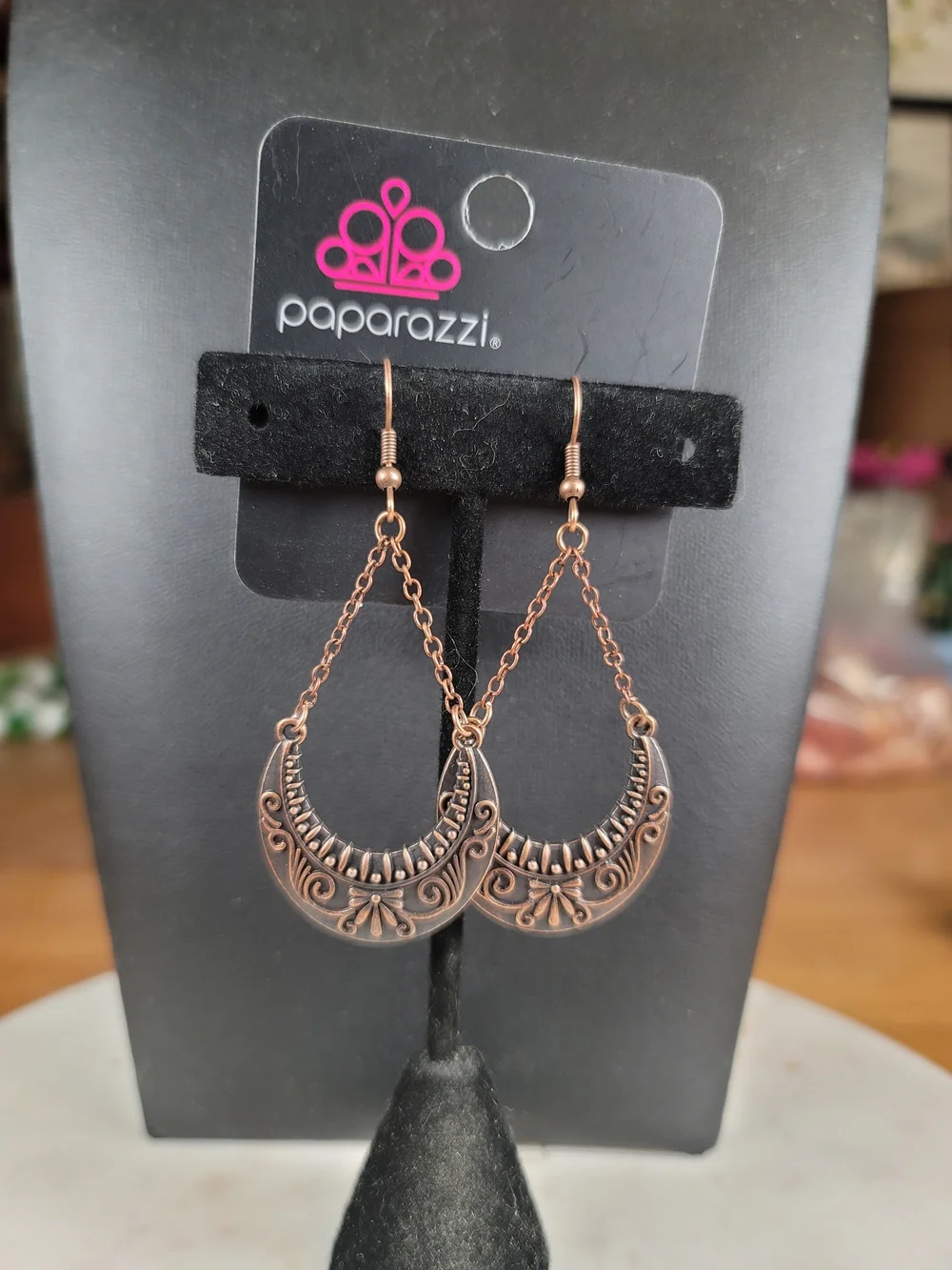 Paparazzi Copper-Tone Ornate Crescent Chain Drop Earrings